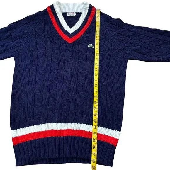 Vintage IZOD LACOSTE Cable Knit V-neck Sweater Blue with Red & White Size XL - Picture 9 of 12